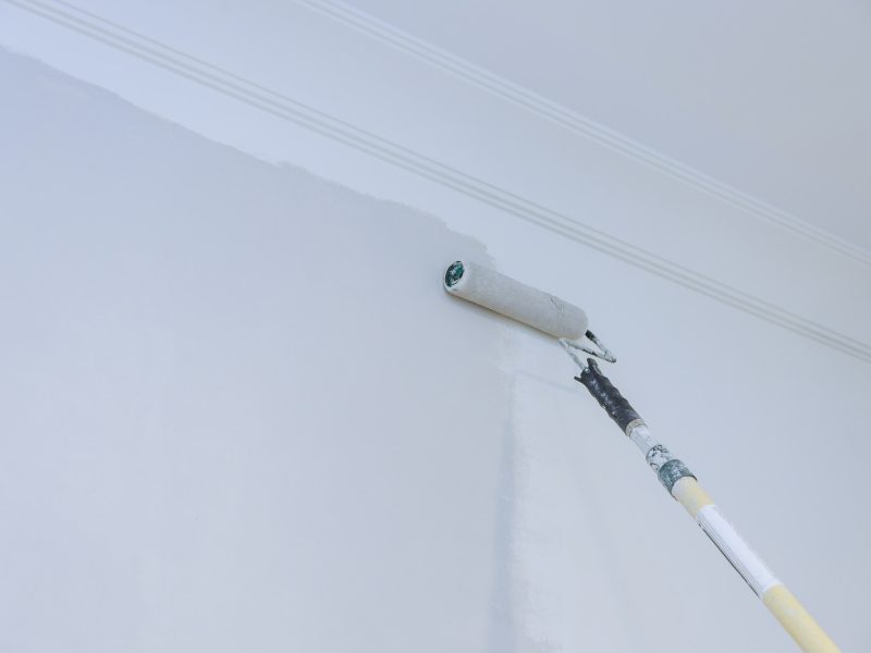 View of painter man painting the wall, with paint roller on empty space